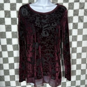 Simply Vera PS S Semi sheer, maroon burgundy, cranberry velvet long sleeve shirt